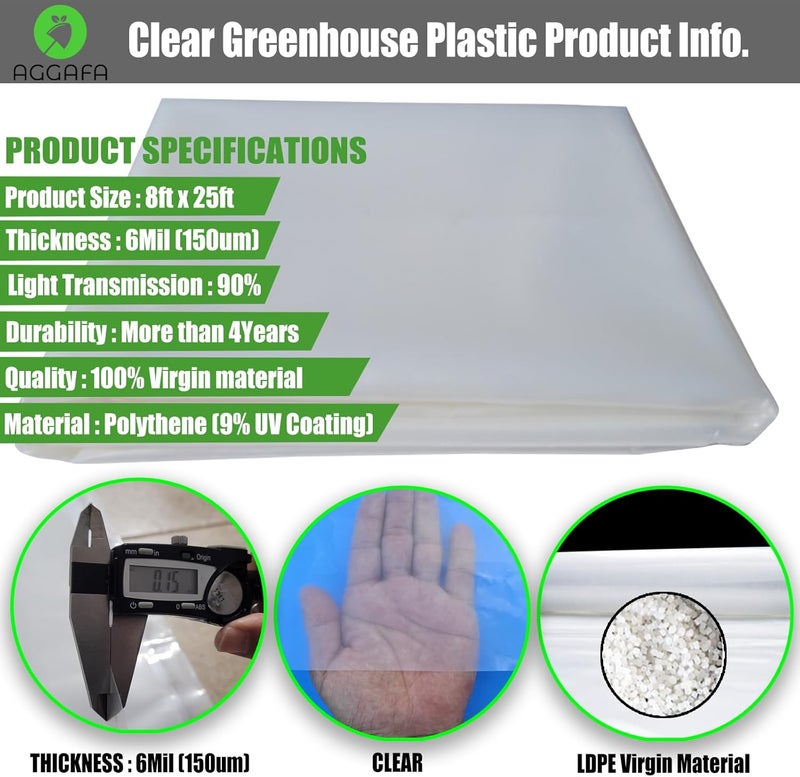 AGGAFA 6 mil (8ft x 25ft) 100% Virgin Material. 5Layers Advanced Extrusion Technology for UV Protection, Anti-drip, Anti-Fog, Thermal and Strength. 4Years Lifetime UV Resistant Greenhouse Plastic - Image 2